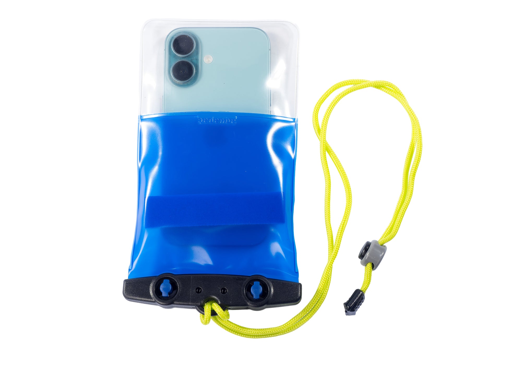 Waterproof phone case with blue bottom section, clear top, and yellow lanyard
