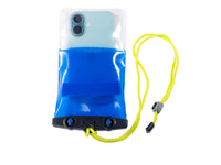 Waterproof phone case with blue bottom section, clear top, and yellow lanyard