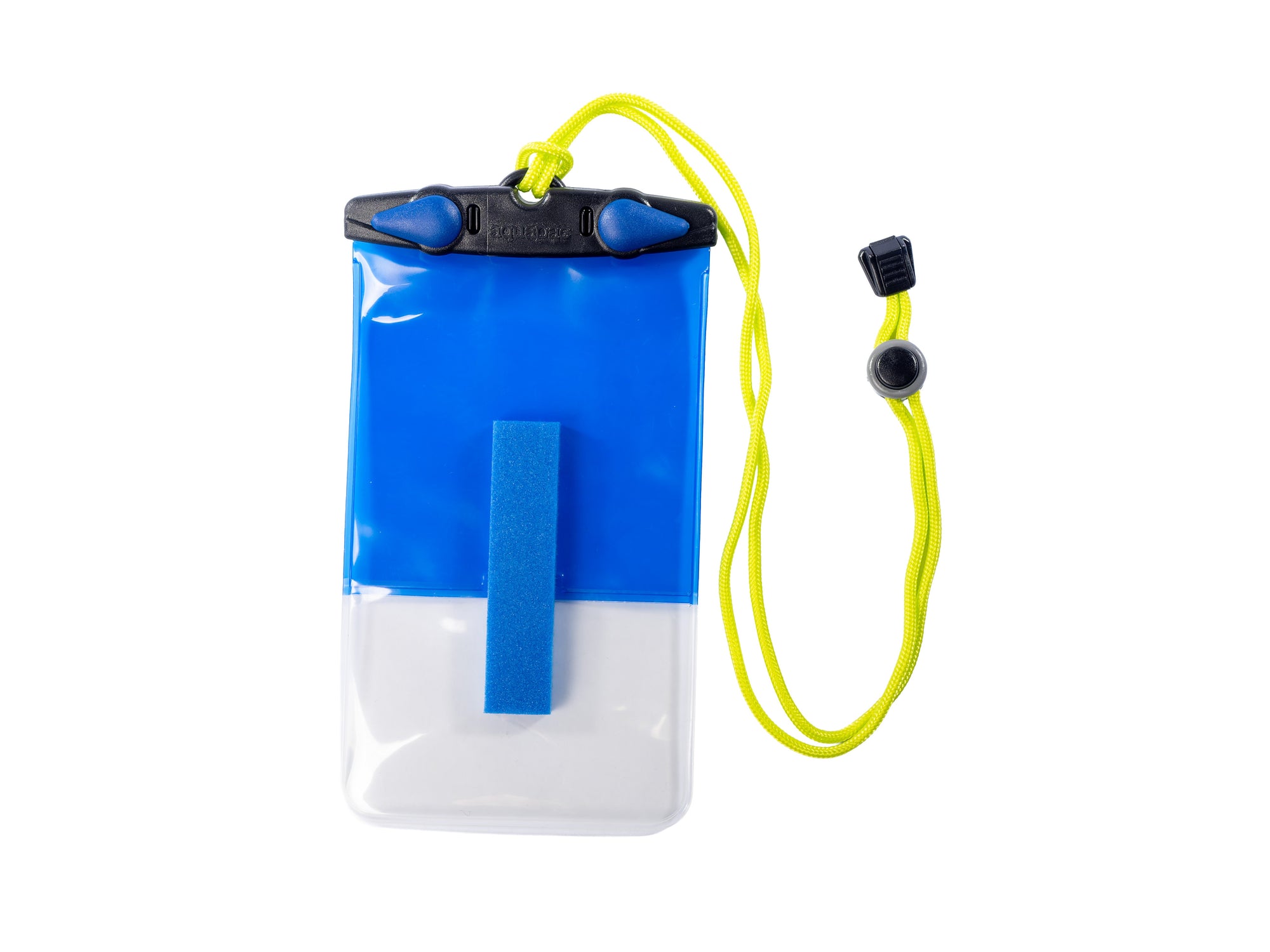 Waterproof phone case with blue top section, clear bottom, and yellow lanyard cord