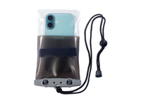Waterproof phone case with clear top, gray bottom, and black neck lanyard