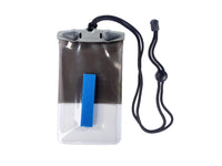 Waterproof phone case with clear body, gray seal, black lanyard and blue silica gel packet