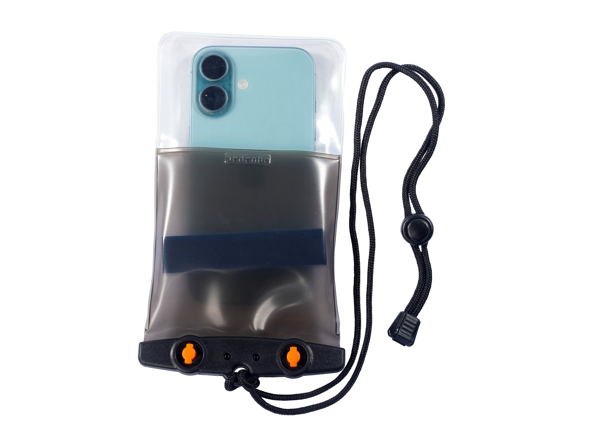 Clear waterproof phone case with black lanyard and orange closure tabs containing blue phone