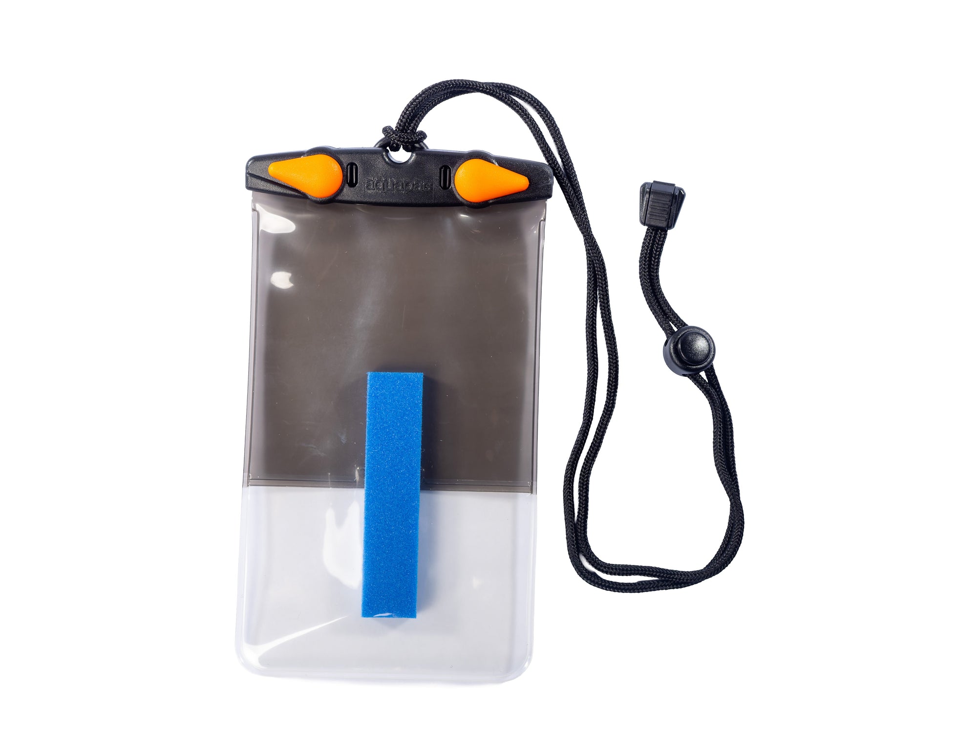 Clear waterproof phone case with black lanyard and orange closure tabs, containing blue test strip