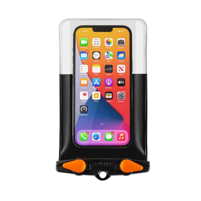 Waterproof phone case with clear front window containing smartphone, black body with orange clips