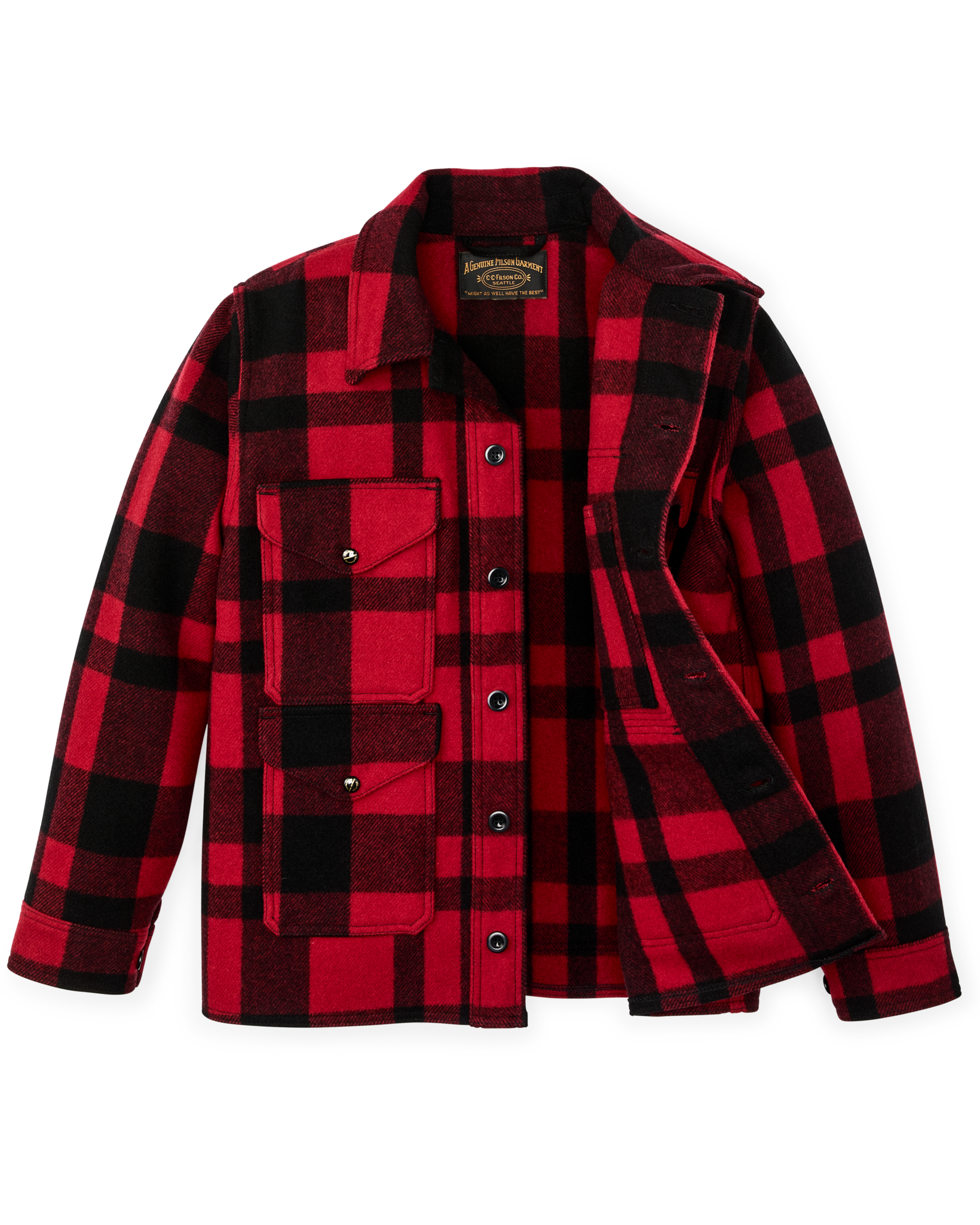 Red and black plaid wool cruiser jacket with button front and chest pockets, flat lay view