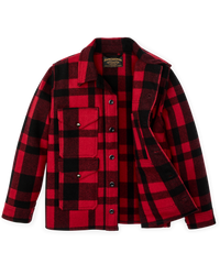 Red and black plaid wool cruiser jacket with button front and chest pockets, flat lay view