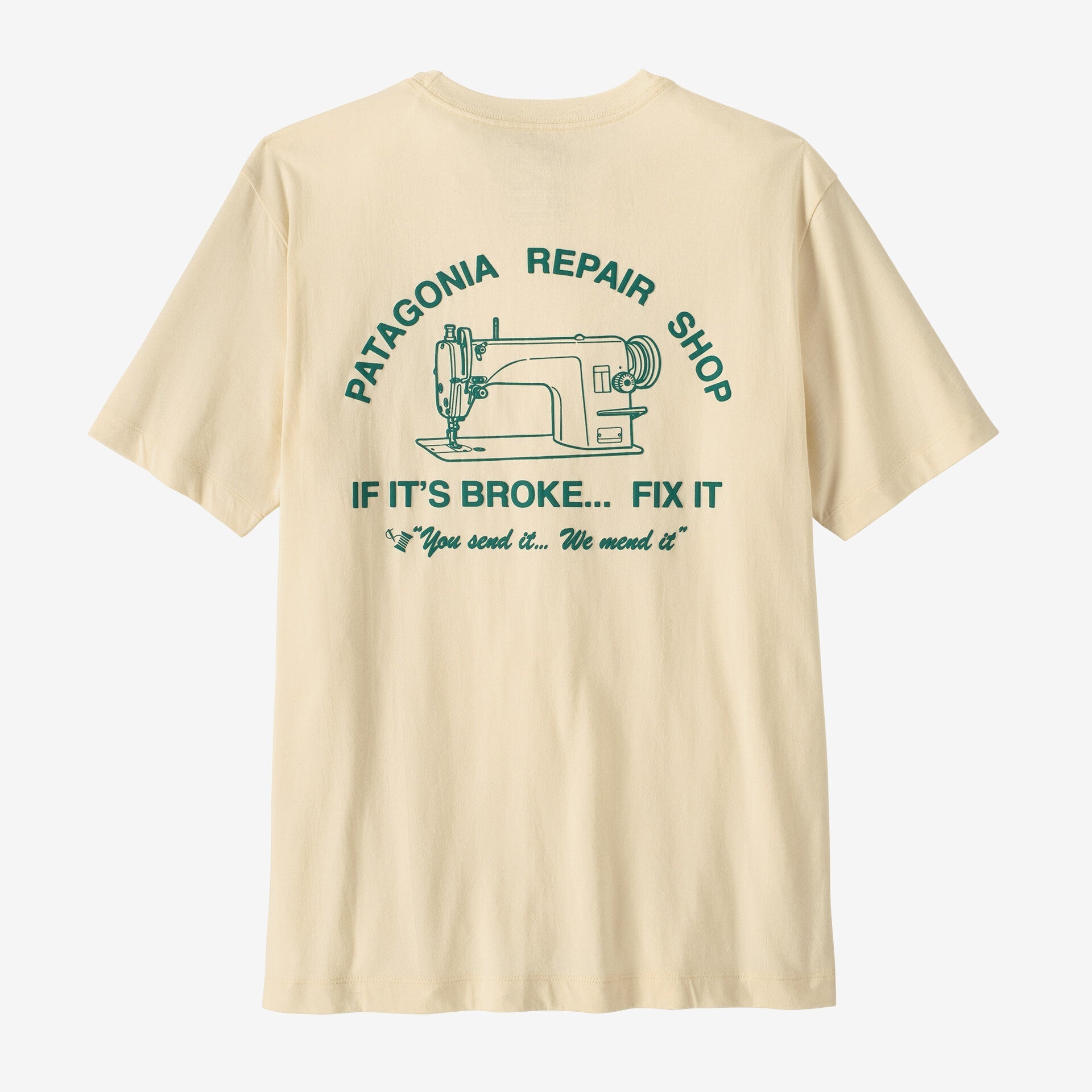 Cream colored t-shirt with repair shop graphic and sewing machine illustration on back