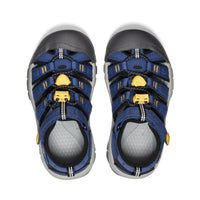 Navy blue children's sport sandals with protective toe caps and adjustable straps, top-down view