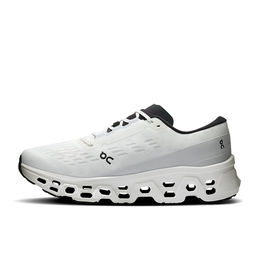 White athletic running shoe with distinctive cloud-like sole pods, side profile view