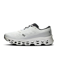 White athletic running shoe with distinctive cloud-like sole pods, side profile view