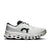 White running shoe with distinctive holed sole, side profile view showing mesh upper