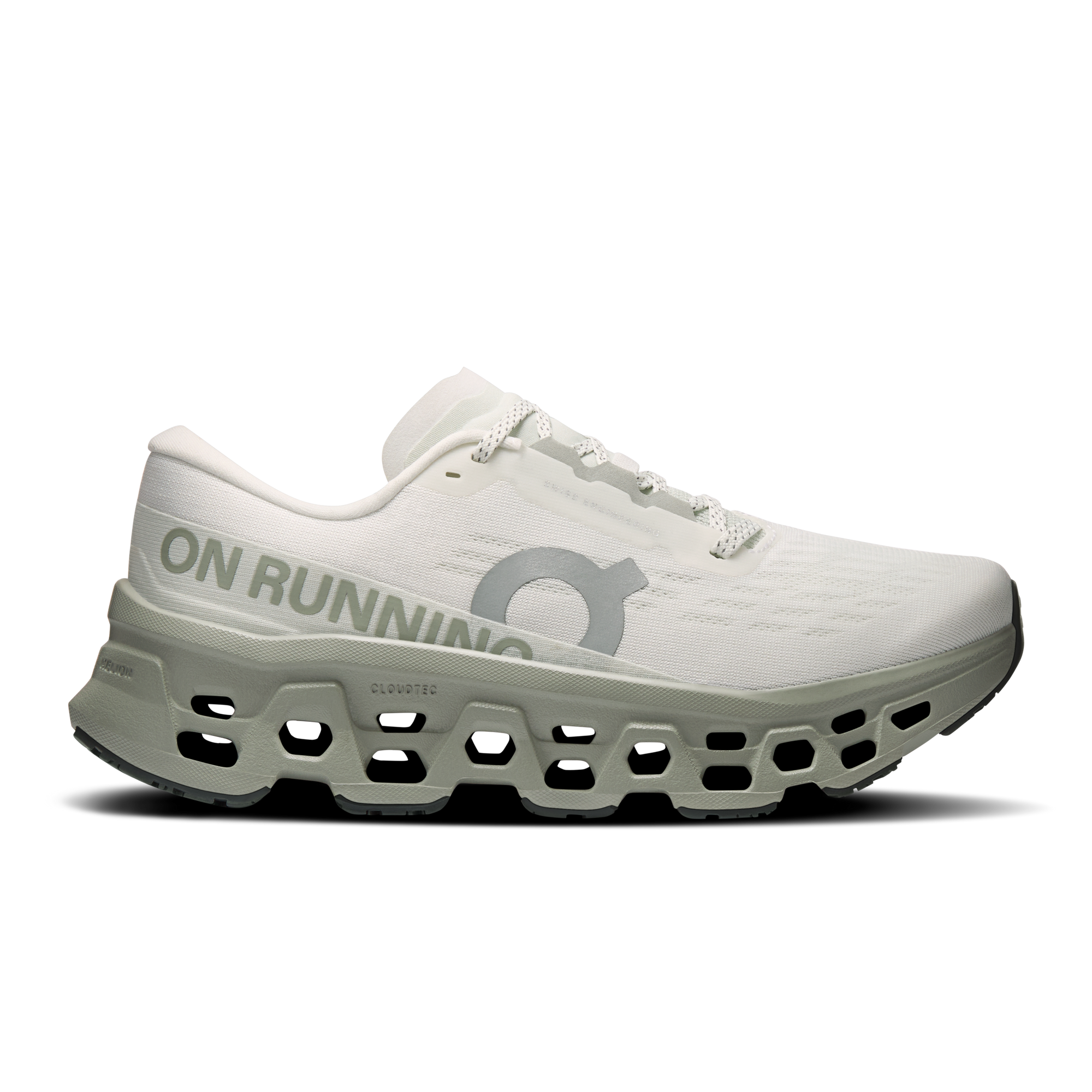 Women's running shoe with off-white mesh upper, chunky CloudTec midsole with hollow pods, lateral view