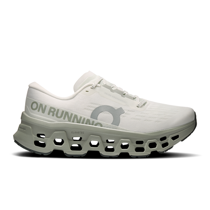 Women's running shoe with off-white mesh upper, chunky CloudTec midsole with hollow pods, lateral view