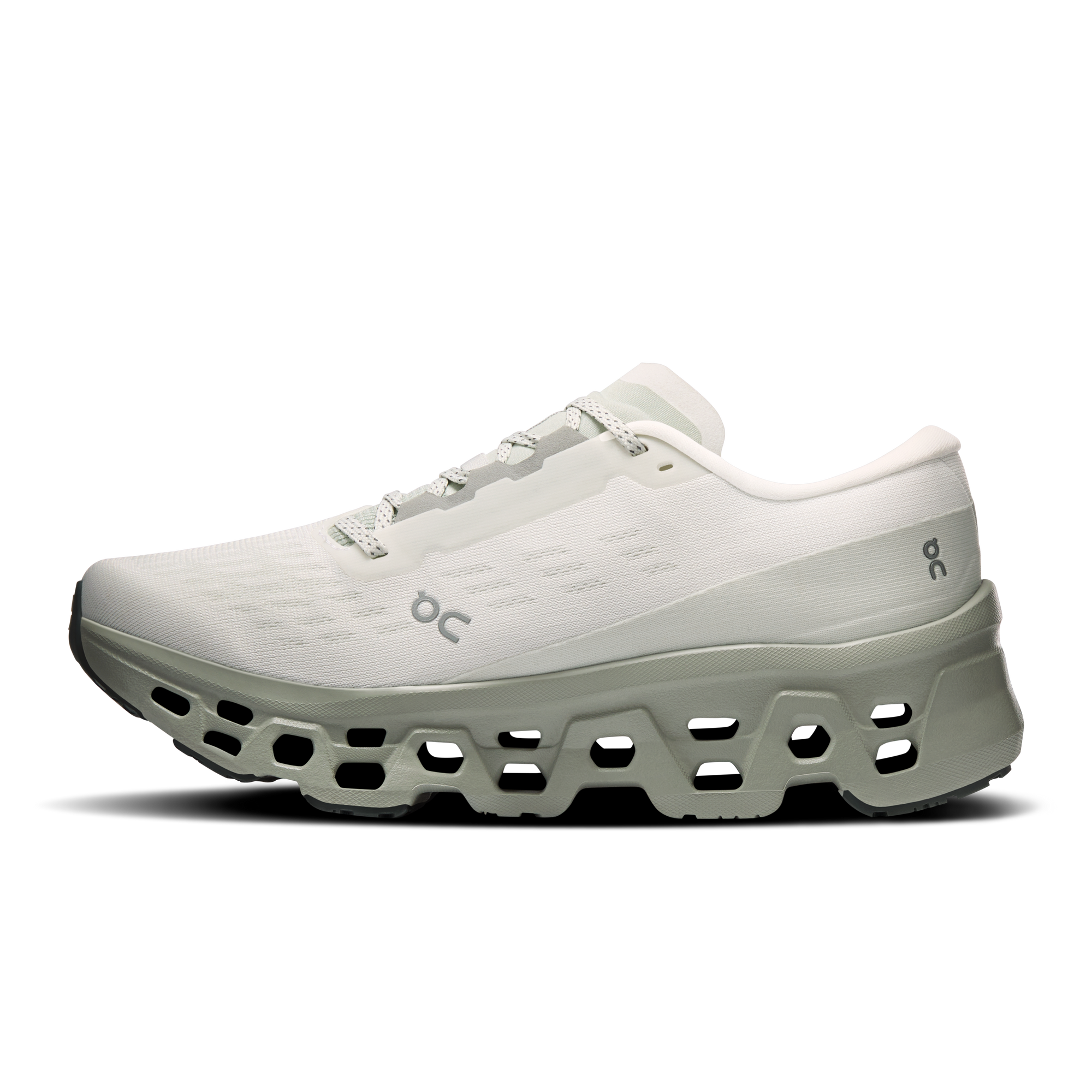Women's running shoe with mesh upper, chunky perforated midsole, and lace closure, lateral view