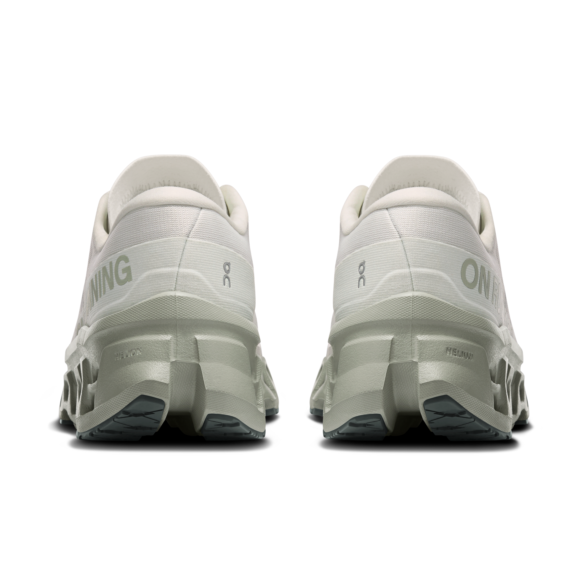 Rear view of a pair of chunky running shoes with segmented midsole pods and heel logo
