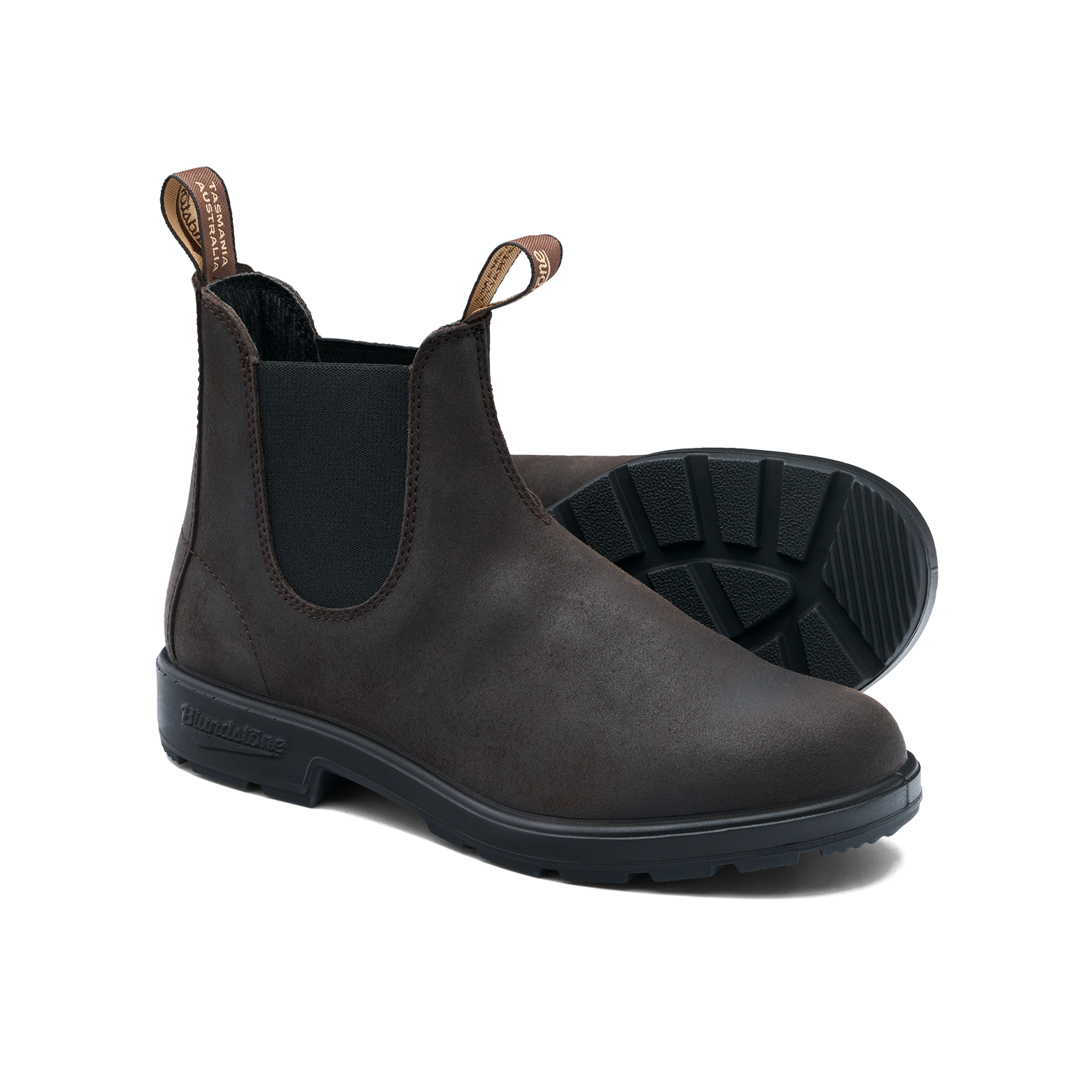 Chelsea boot in dark brown leather with elastic side panels, shown as pair with sole visible