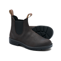 Chelsea boot in dark brown leather with elastic side panels, shown as pair with sole visible