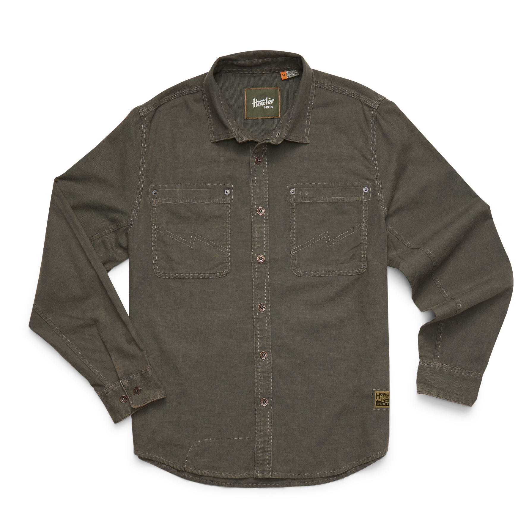 Long-sleeve button-up work shirt with dual chest pockets and spread collar, front view