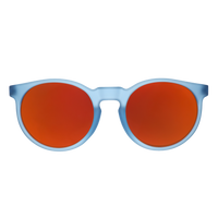 Round sunglasses with light blue frame and orange reflective lenses on white background