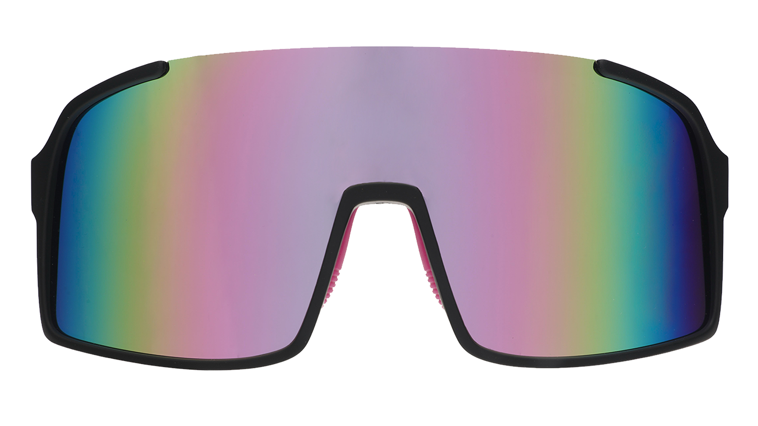 Large wraparound sunglasses with iridescent rainbow mirrored lenses and black frame, front view