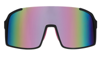 Large wraparound sunglasses with iridescent rainbow mirrored lenses and black frame, front view