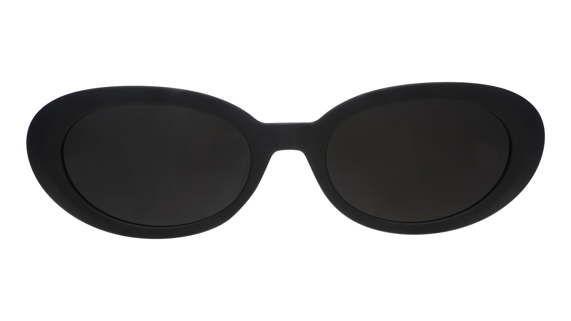 Black oval-shaped sunglasses with dark lenses, front view on transparent background