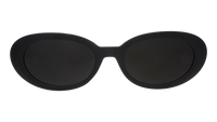 Black oval-shaped sunglasses with dark lenses, front view on transparent background