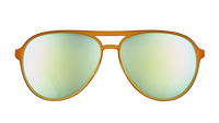 Orange aviator-style sunglasses with yellow-green mirrored lenses on transparent background
