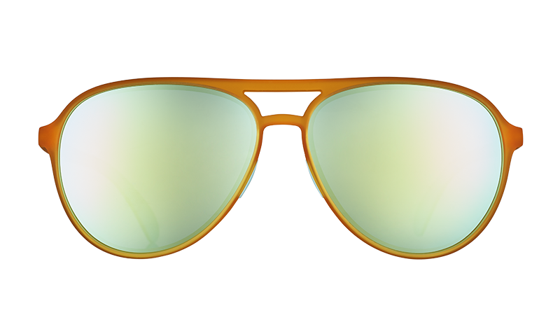 Orange aviator-style sunglasses with yellow-green mirrored lenses on transparent background