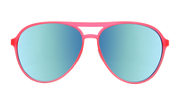 Aviator-style sunglasses with pink frame and blue mirrored lenses, front view