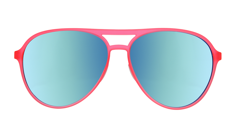 Aviator-style sunglasses with pink frame and blue mirrored lenses, front view