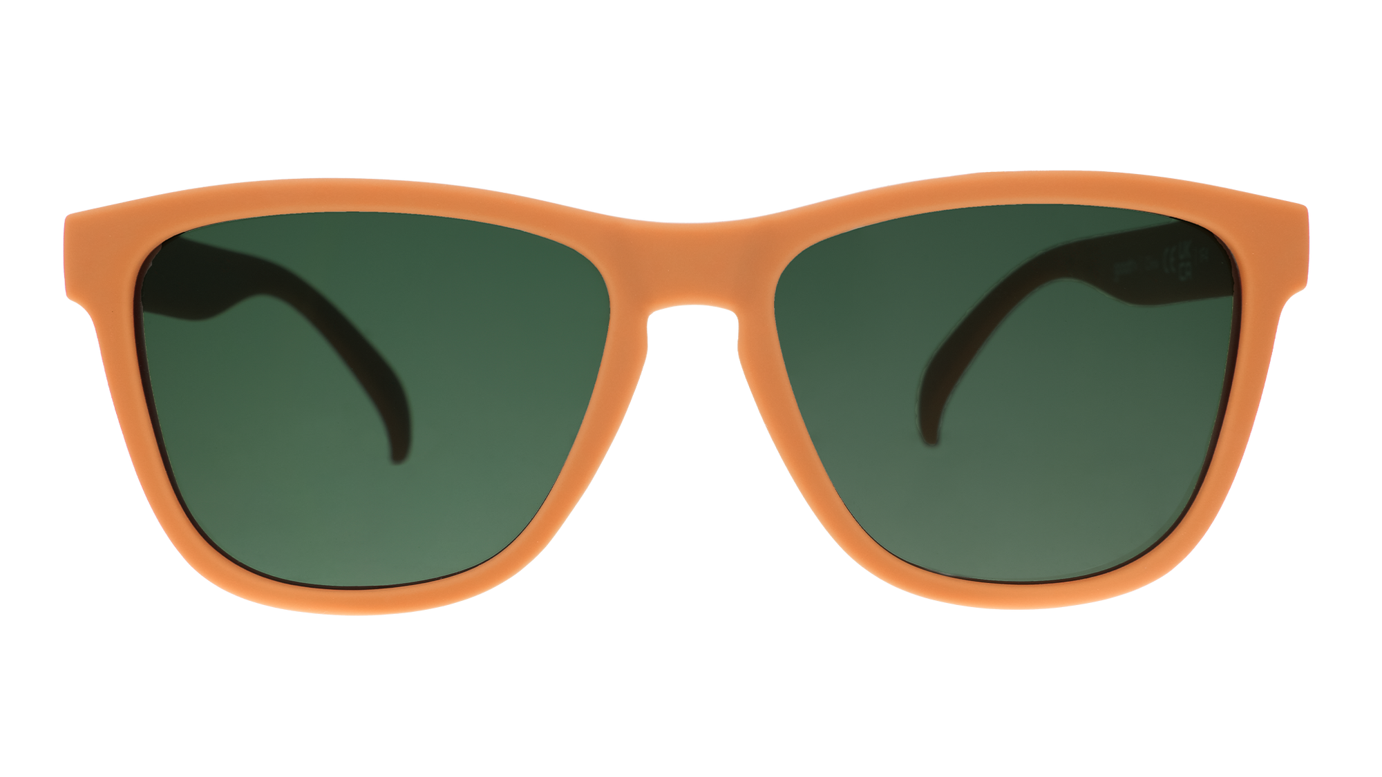 Orange framed sunglasses with dark green lenses on transparent background, front view