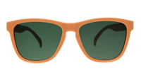 Orange framed sunglasses with dark green lenses on transparent background, front view