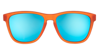 Orange framed sunglasses with blue mirrored lenses, front view on transparent background