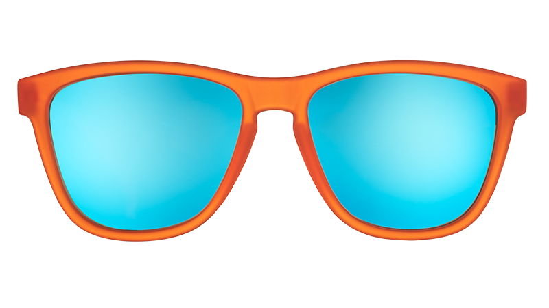 Orange framed sunglasses with blue mirrored lenses, front view on transparent background