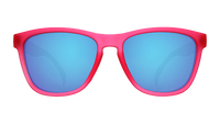 Pink framed sunglasses with blue mirrored lenses, front view on white background