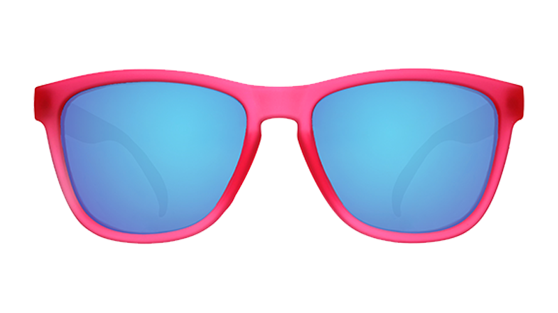 Pink framed sunglasses with blue mirrored lenses, front view on white background