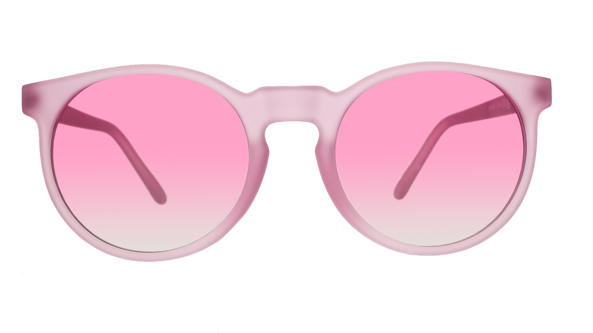 Round translucent pink sunglasses with pink-tinted lenses on white background
