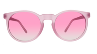 Round translucent pink sunglasses with pink-tinted lenses on white background