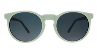 Round sunglasses with sage green frames and dark gradient lenses on white background