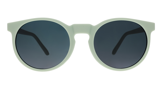 Round sunglasses with sage green frames and dark gradient lenses on white background