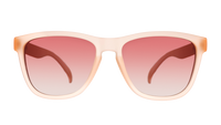 Translucent pink sunglasses with gradient rose lenses shown in front view against white background