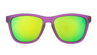 Purple framed sunglasses with reflective green-yellow mirrored lenses, front view on transparent background