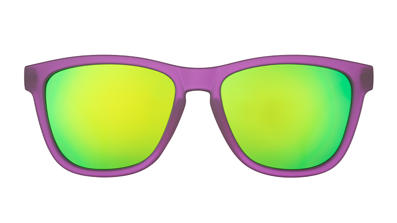 Purple framed sunglasses with reflective green-yellow mirrored lenses, front view on transparent background