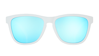 Light gray sunglasses with reflective blue mirrored lenses, front view on transparent background