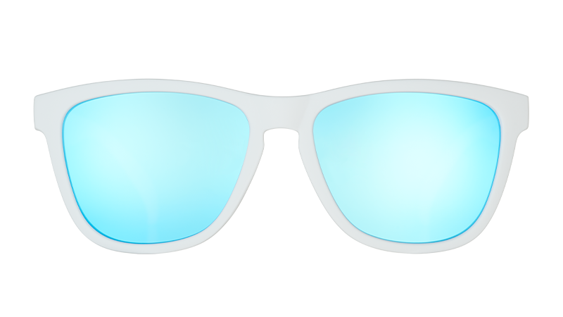 Light gray sunglasses with reflective blue mirrored lenses, front view on transparent background