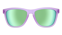 Purple framed sunglasses with green mirrored lenses, front view on white background
