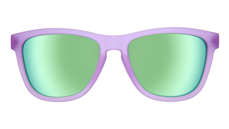 Purple framed sunglasses with green mirrored lenses, front view on white background