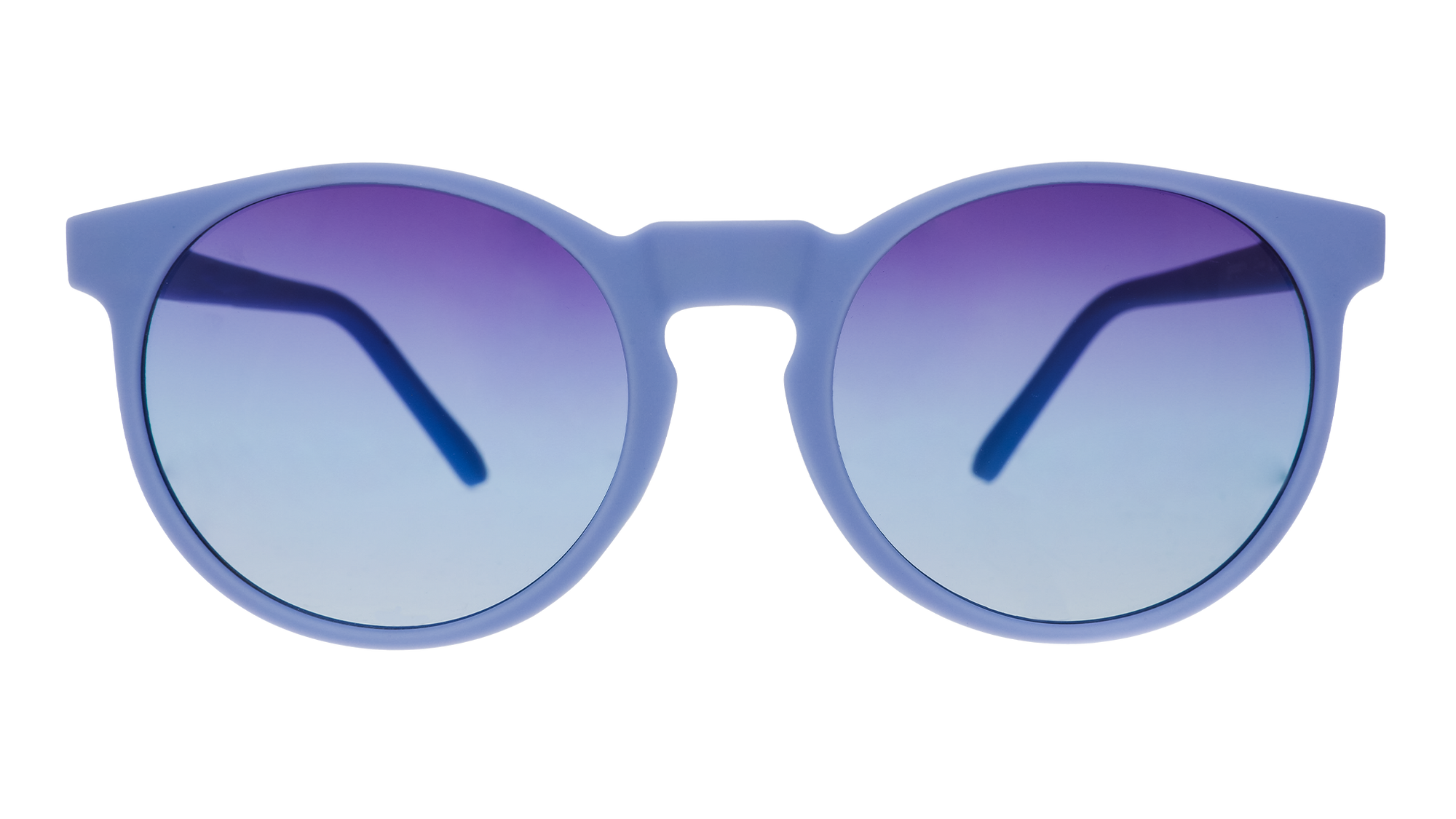 Round sunglasses with light blue frames and gradient purple-blue lenses, front view
