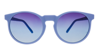 Round sunglasses with light blue frames and gradient purple-blue lenses, front view